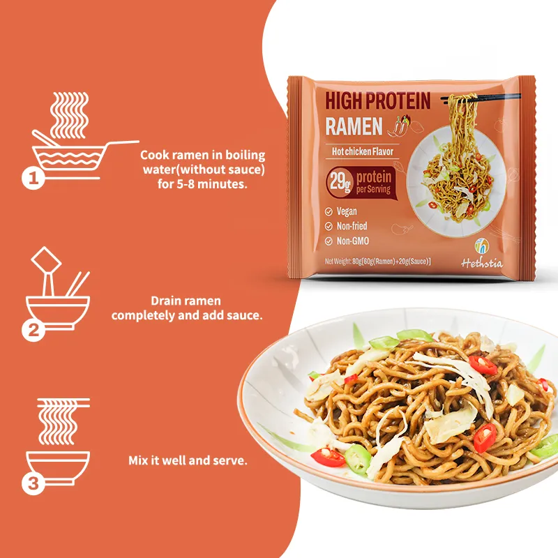 Ramen alto en proteínas con sabor a pollo picante, Fideos ramen proteicos